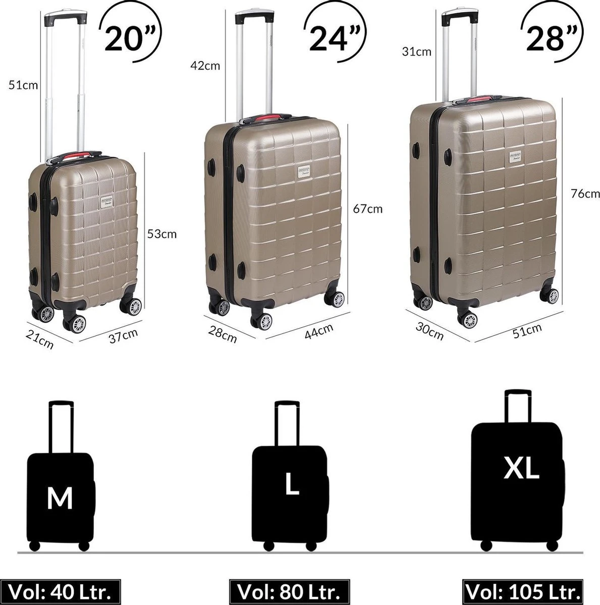 Monazana – Kofferset Exopack - 3-delig –TSA Slot – Wielen - Champagne - Afbeelding 2