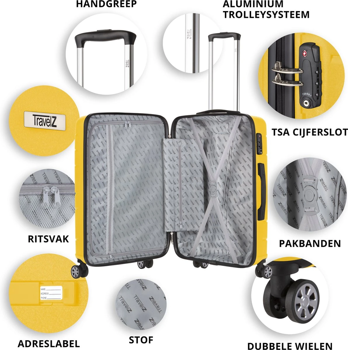 TravelZ Big Bars Kofferset - Trolleyset 3-delig Met TSA-slot - Geel - Afbeelding 4