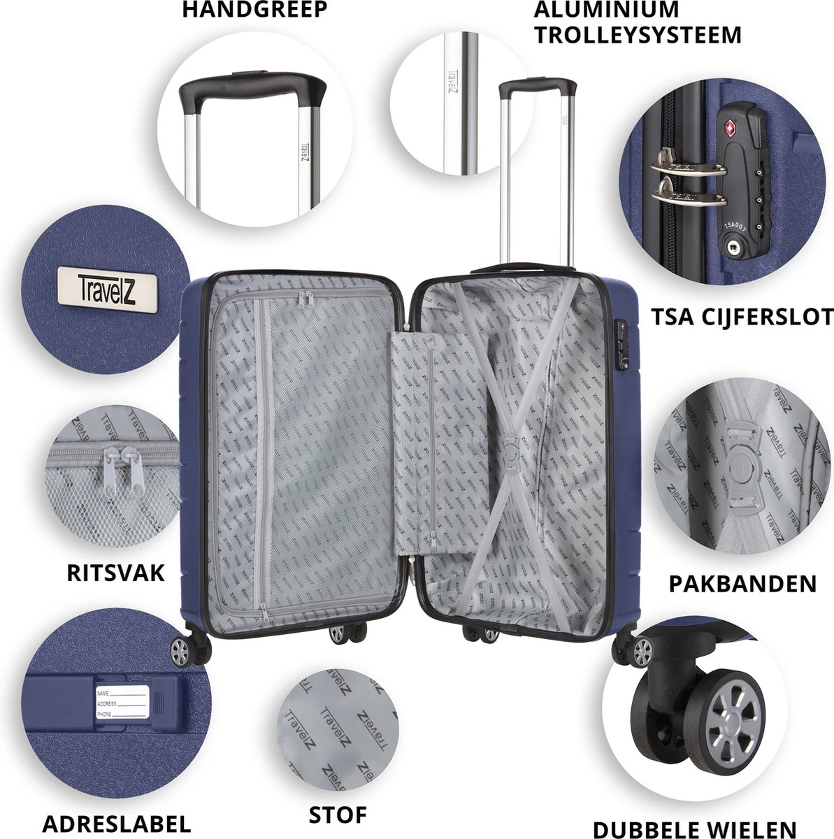 TravelZ Big Bars Kofferset - Trolleyset 3-delig Met TSA-slot - Blauw - Afbeelding 3