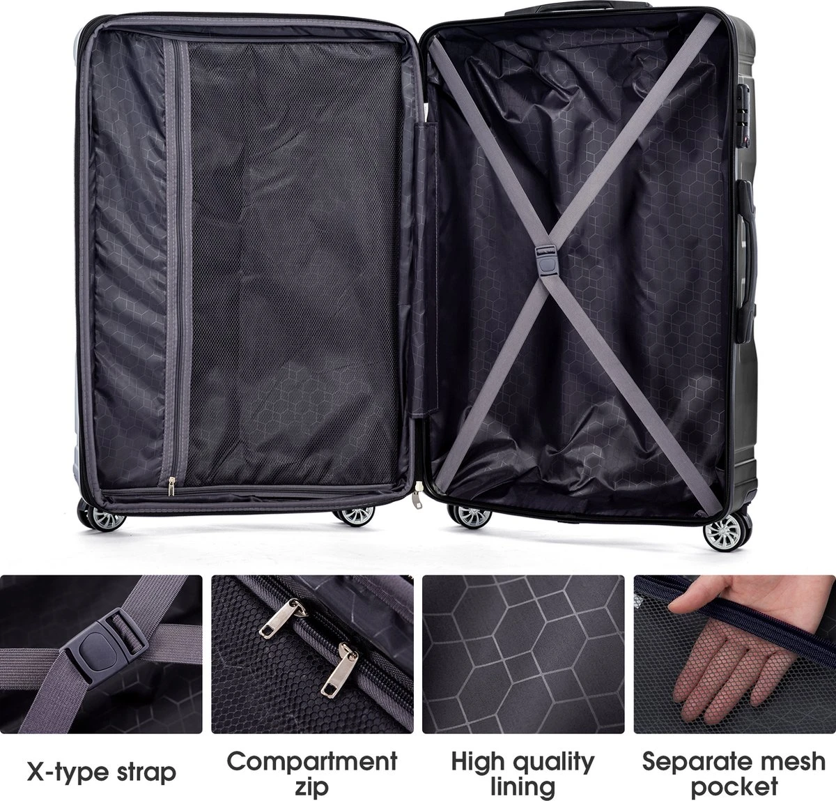 Merax 3-delig Kofferset Met TSA Slot - Trolleyset ABS 40L, 70L & 110 Liter - Zwart - Afbeelding 6