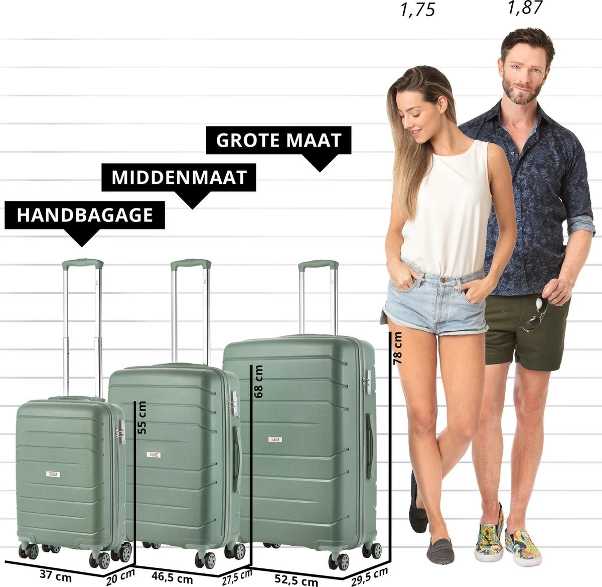 TravelZ Big Bars Kofferset - Trolleyset 3-delig Met TSA-slot - Olijf - Afbeelding 3