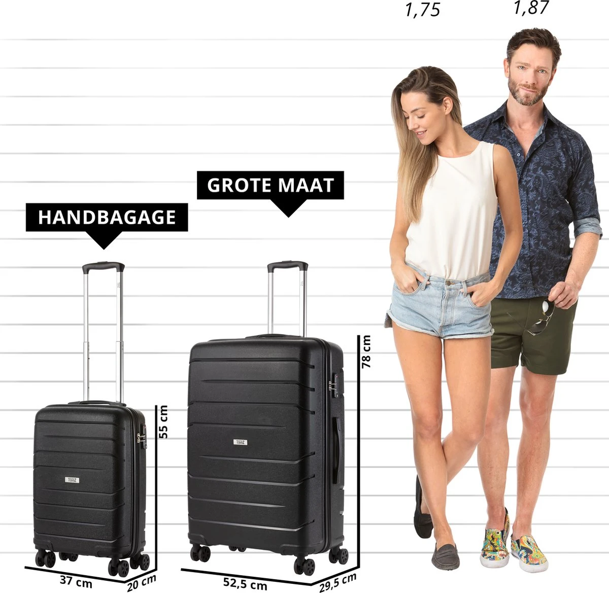 TravelZ Big Bars Kofferset - Trolleyset TSA 2-delig - Handbagage En Groot - Zwart - Afbeelding 6