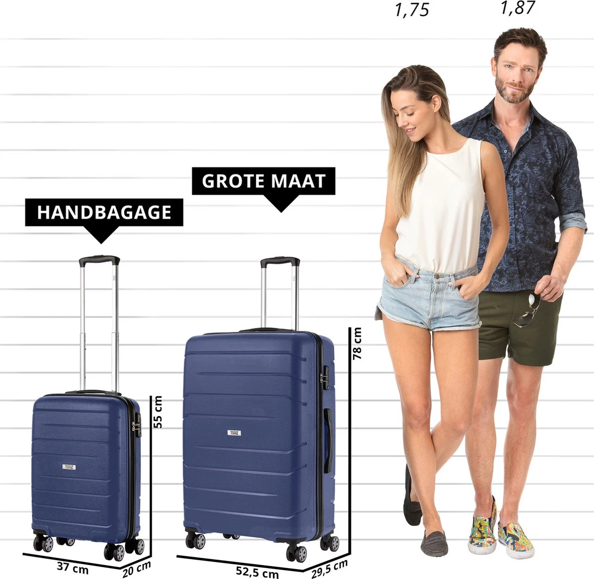 TravelZ Big Bars Kofferset - Trolleyset TSA 2-delig - Handbagage En Groot - Blauw - Afbeelding 6