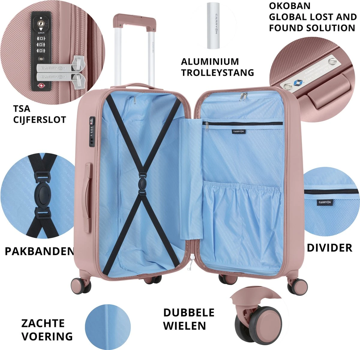 CarryOn Skyhopper Kofferset – TSA Handbagage + Reiskoffer 78cm – Dubbele Wielen - Old Pink - Afbeelding 6
