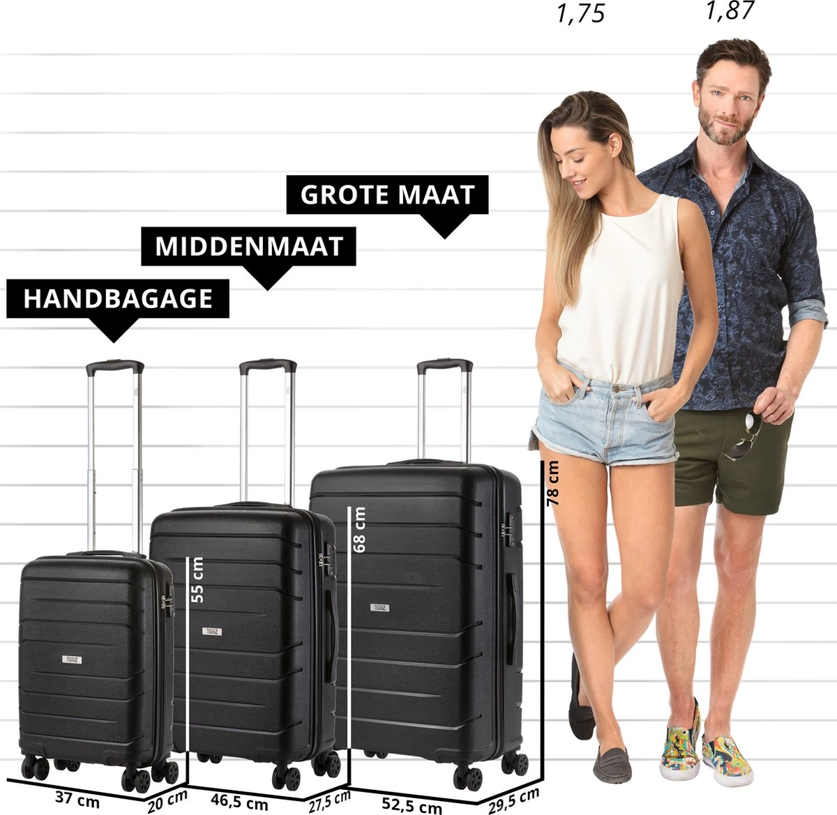 TravelZ Big Bars Kofferset - Trolleyset 3-delig Met TSA-slot - Zwart - Afbeelding 6