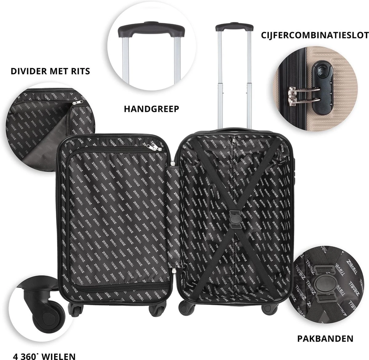 TravelZ Horizon Handbagagekoffer - 54cm Handbagage Trolley Met Gevoerde Binnenkant - Champagne - Afbeelding 3