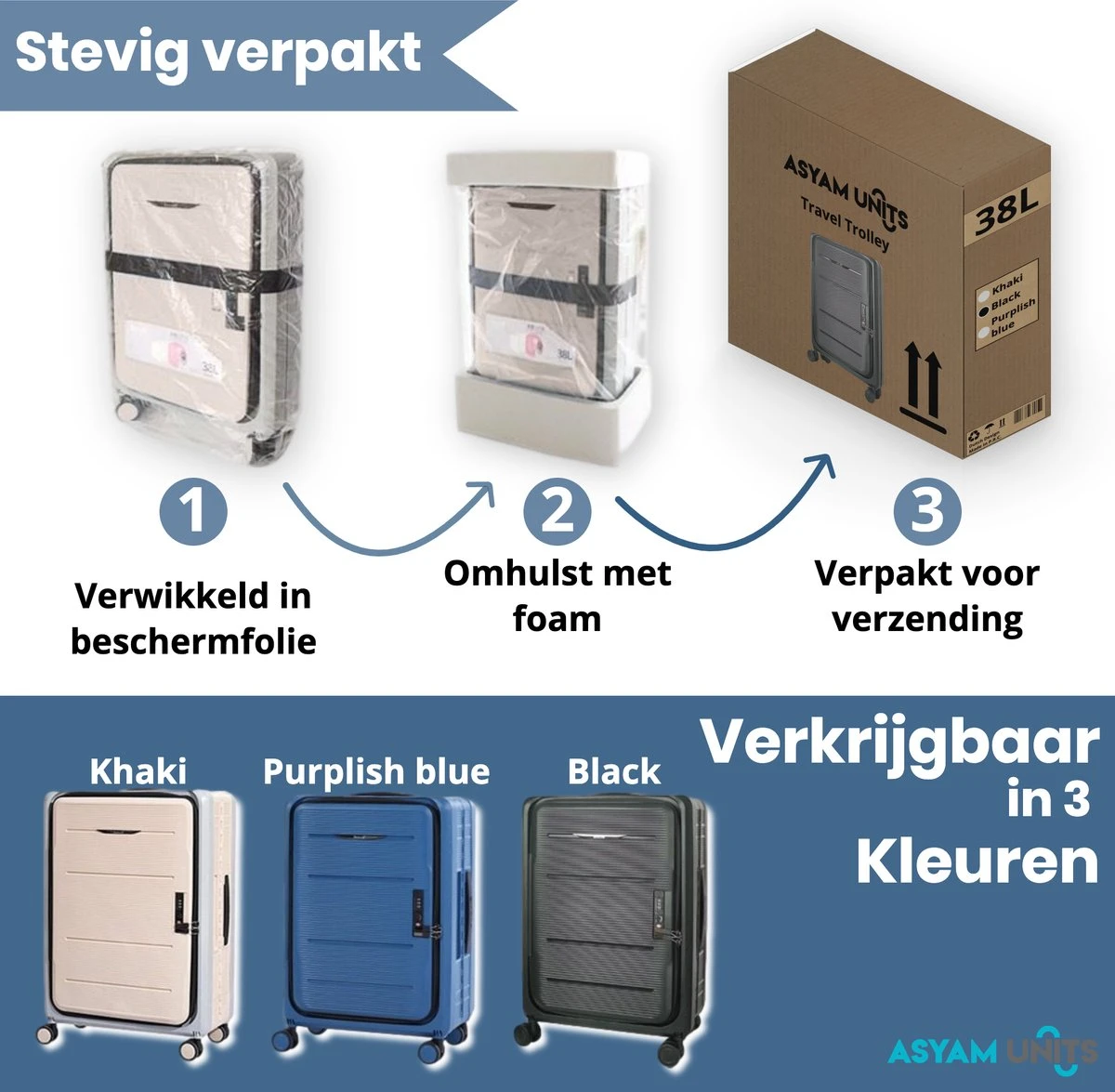 Asyam Units- Handbagage- Invouwbaar- Koffer- Koffer 38L- Spinner Wielen- TSA Slot- Lichtgewicht- Blauw - Afbeelding 4