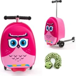 Handbagage Kinderen | Tas Meisje | Roze Uil | Koffer Handbagage | Kinder Koffer Meisjes | Step Meisje | Trolley Kinderen - 50 Kilo - 5 Tot 9 Jaar | Bouncy Box 40x20x25 Cm Incl. Nekkussen Vliegtuig