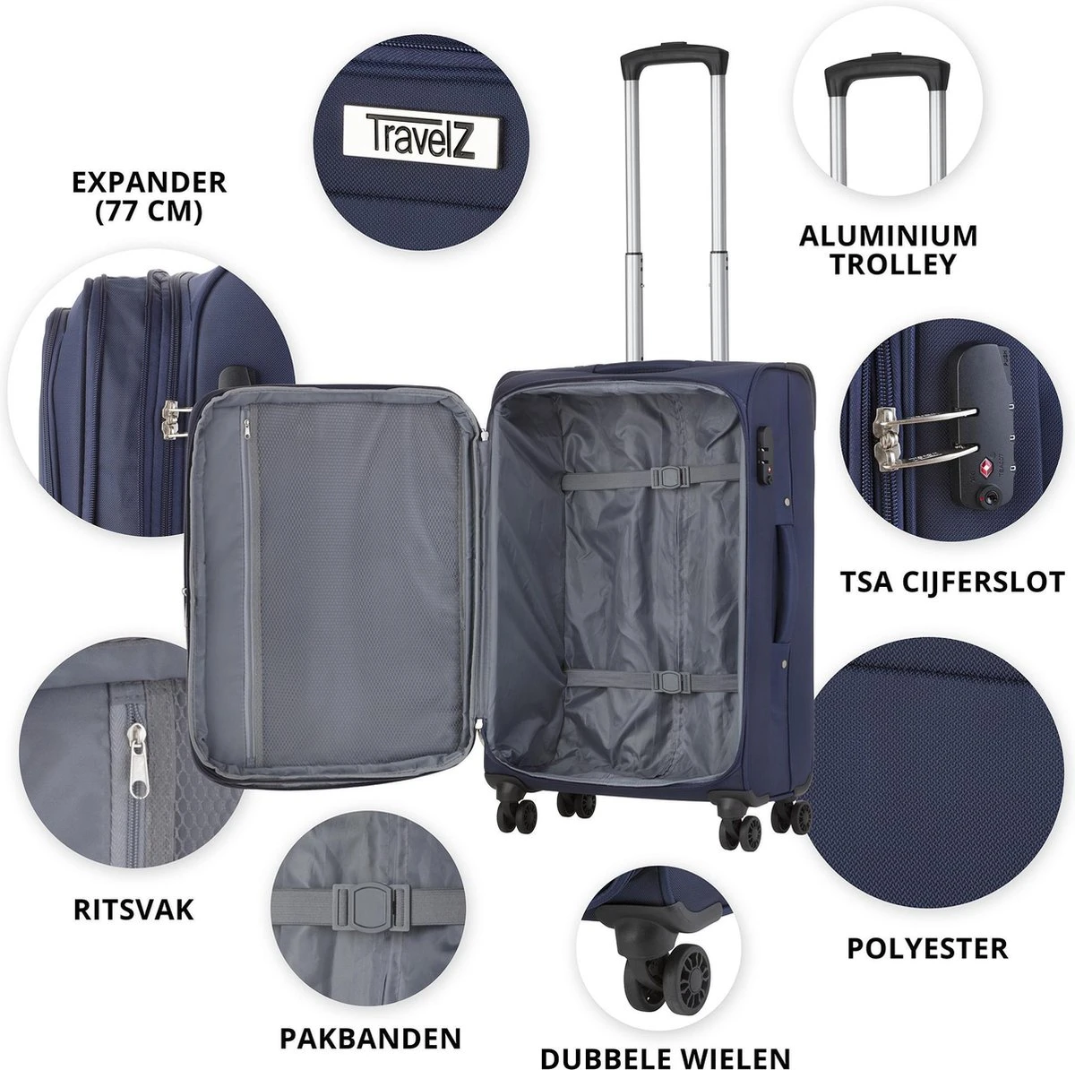 TravelZ Softspinner TSA Kofferset - 2-delig Handbagage + Grote Koffer 77cm - Dubbele Wielen - Blauw - Afbeelding 4