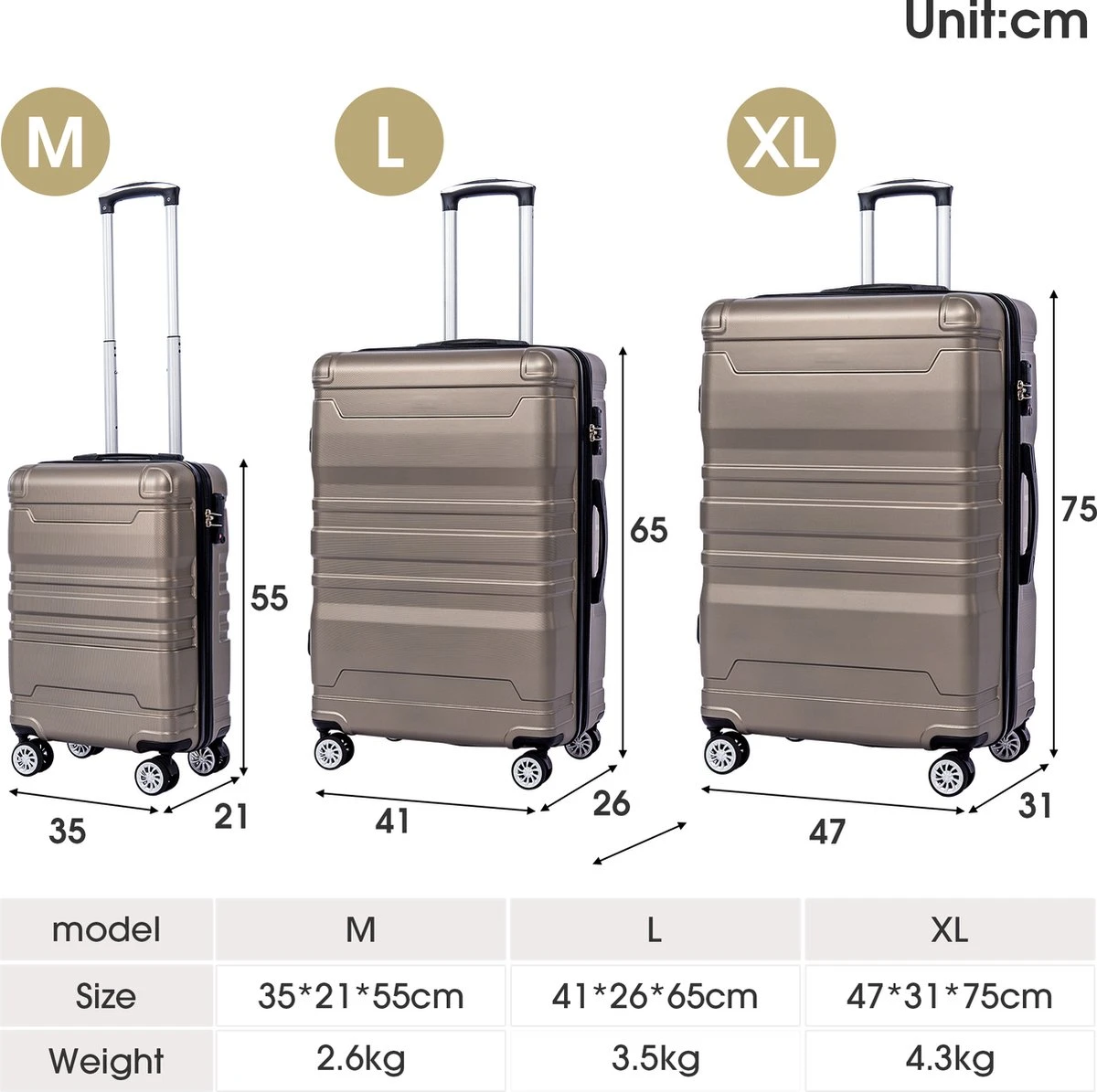 Merax 3-delig Kofferset Met TSA Slot - Trolleyset ABS 40L, 70L & 110 Liter - Goud - Afbeelding 7