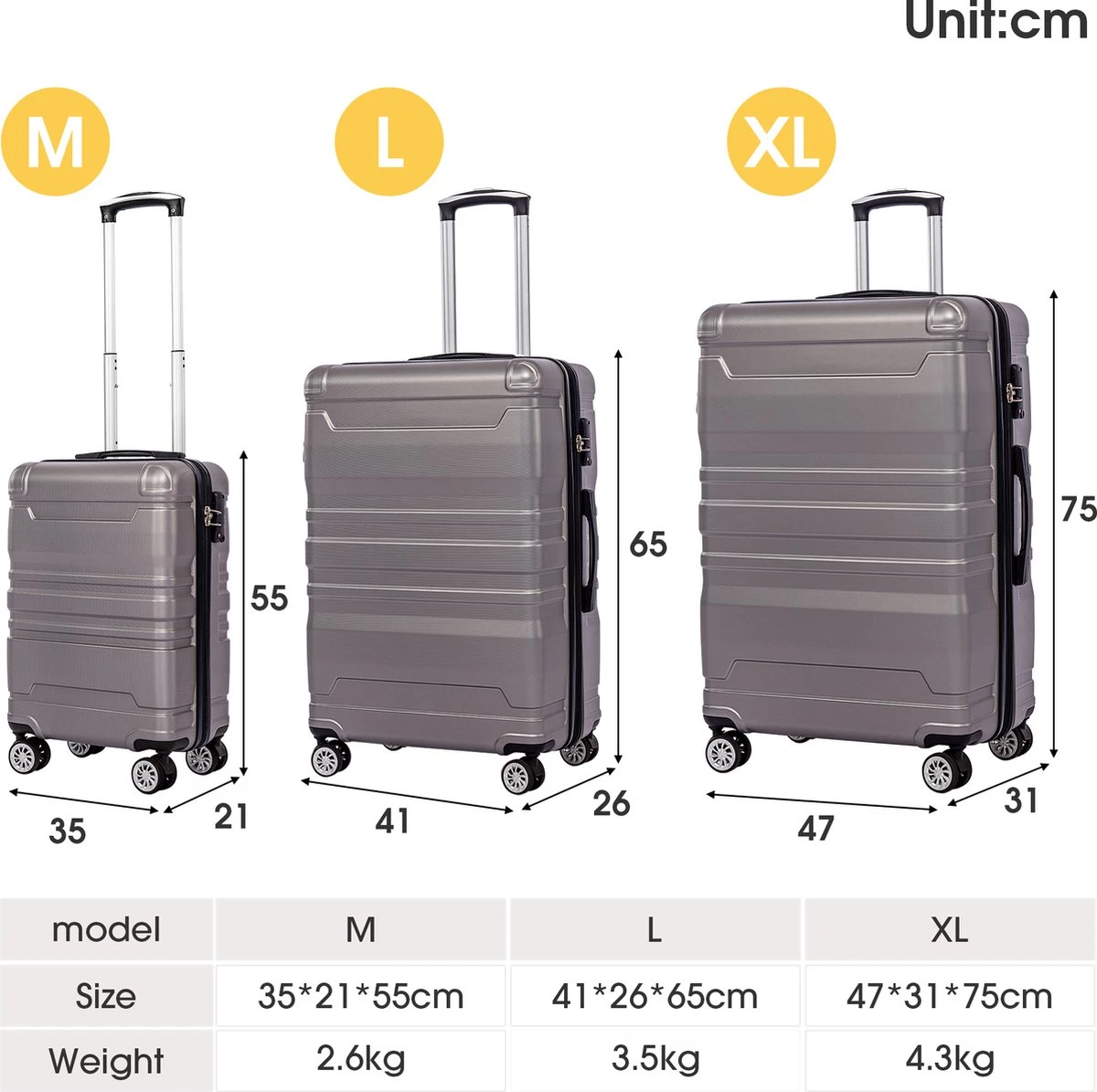 Merax 3-delig Kofferset Met TSA Slot - Trolleyset ABS 40L, 70L & 110 Liter - Grijs - Afbeelding 7