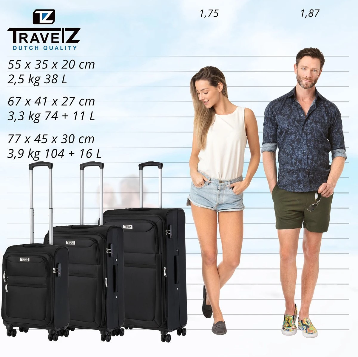 TravelZ Softspinner TSA Kofferset - 3-delige Zachte Trolleyset - Dubbele Wielen En Voorvakken Zwart - Afbeelding 9