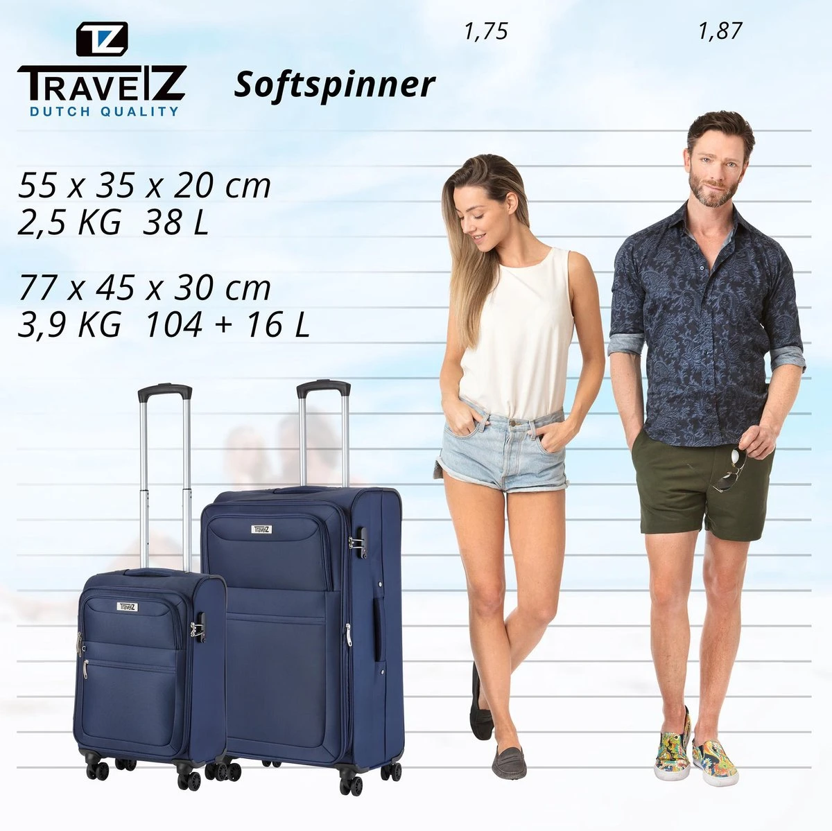 TravelZ Softspinner TSA Kofferset - 2-delig Handbagage + Grote Koffer 77cm - Dubbele Wielen - Blauw - Afbeelding 7