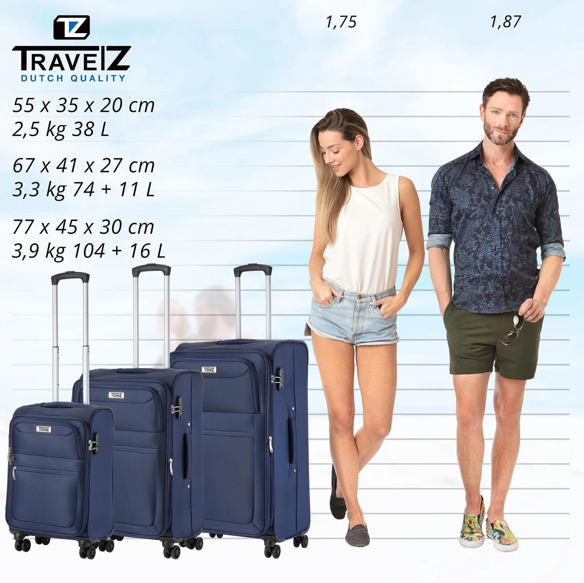 TravelZ Softspinner TSA Kofferset - 3-delige Zachte Trolleyset - Dubbele Wielen En Voorvakken Blauw - Afbeelding 9