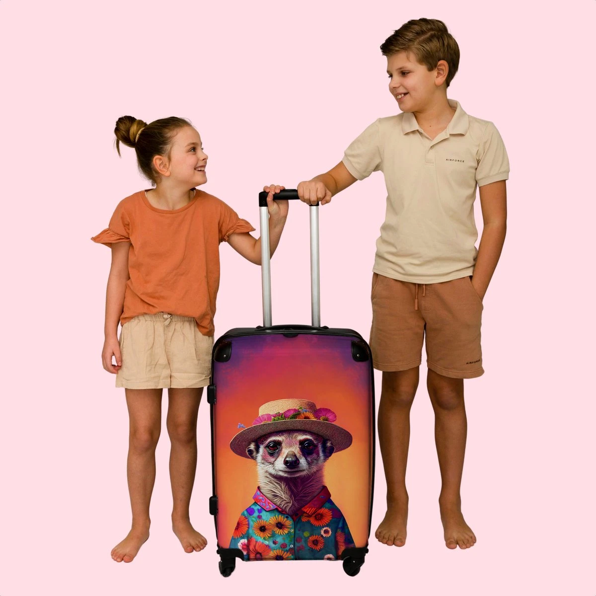 NoBoringSuitcases.com® Koffer Groot - Meerkat - Bloemen - Hoed - Dieren - Portret - Trolley Koffer Met TSA-slot - Met Wielen - 90 Liter - Reiskoffer - 66 Cm - Afbeelding 7