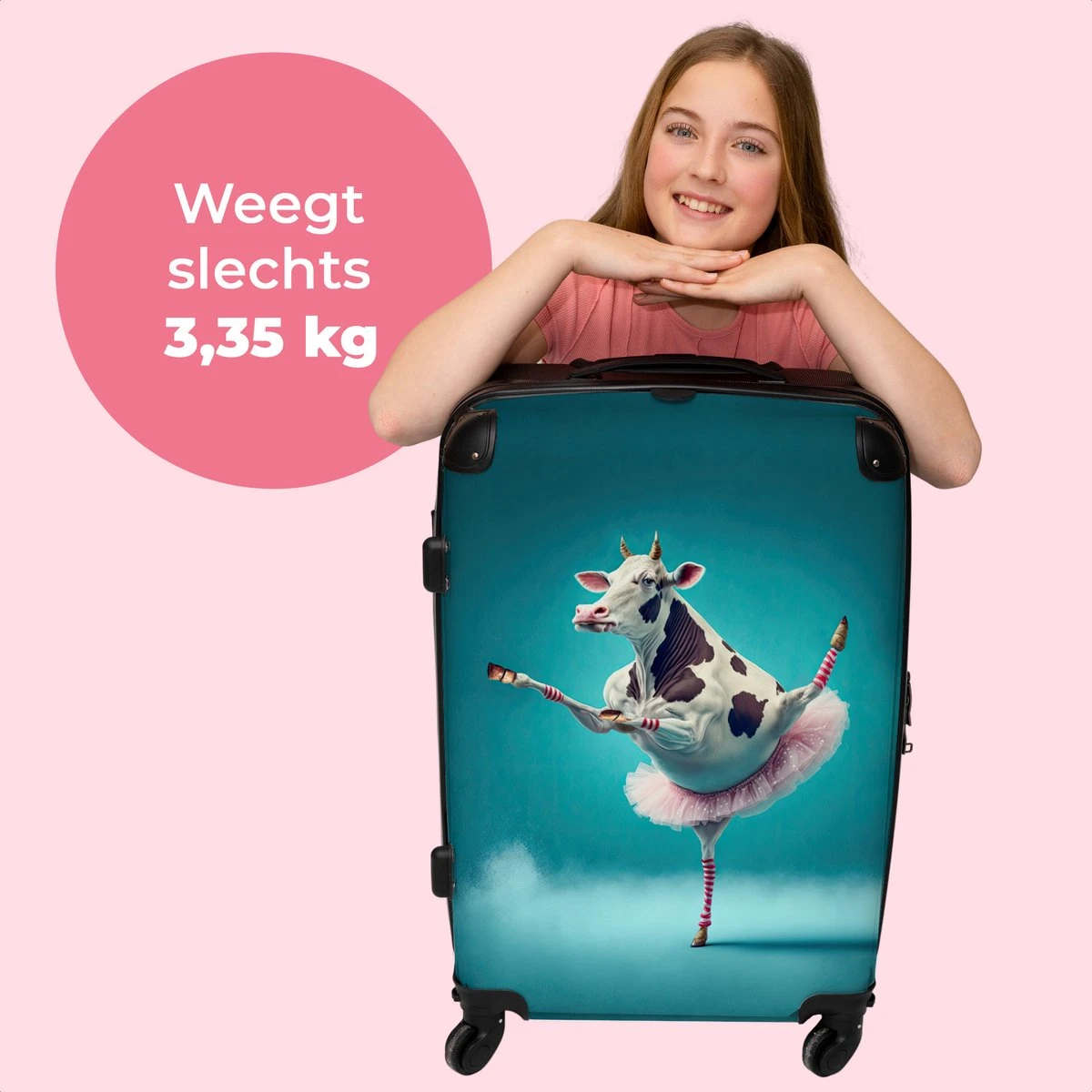 NoBoringSuitcases.com® Koffer Groot - Koe - Ballet - Portret - Blauw - Dieren - Trolley Koffer Met TSA-slot - Met Wielen - 90 Liter - Reiskoffer - 66 Cm - Afbeelding 2