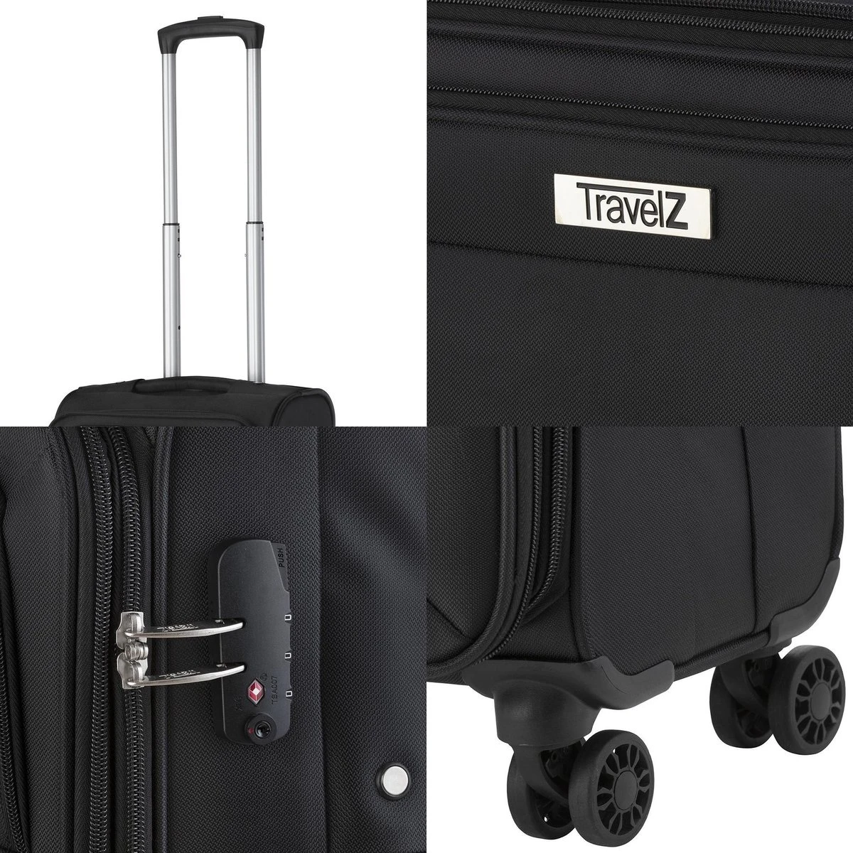 TravelZ Softspinner TSA Kofferset - 3-delige Zachte Trolleyset - Dubbele Wielen En Voorvakken Zwart - Afbeelding 5