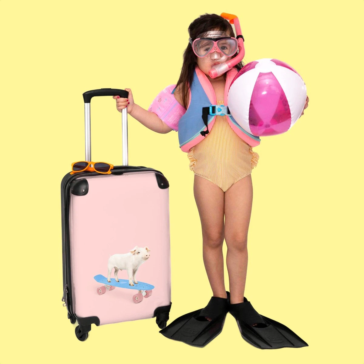 NoBoringSuitcases.com® Kinderkoffer - Trolley Kinderen - Varken - Roze - Skateboard - Kinderen - Meisje - Koffer Dieren - Past Binnen 55x40x20 Cm En 55x35x25 Cm - Reiskoffer Met Wielen - Afbeelding 6