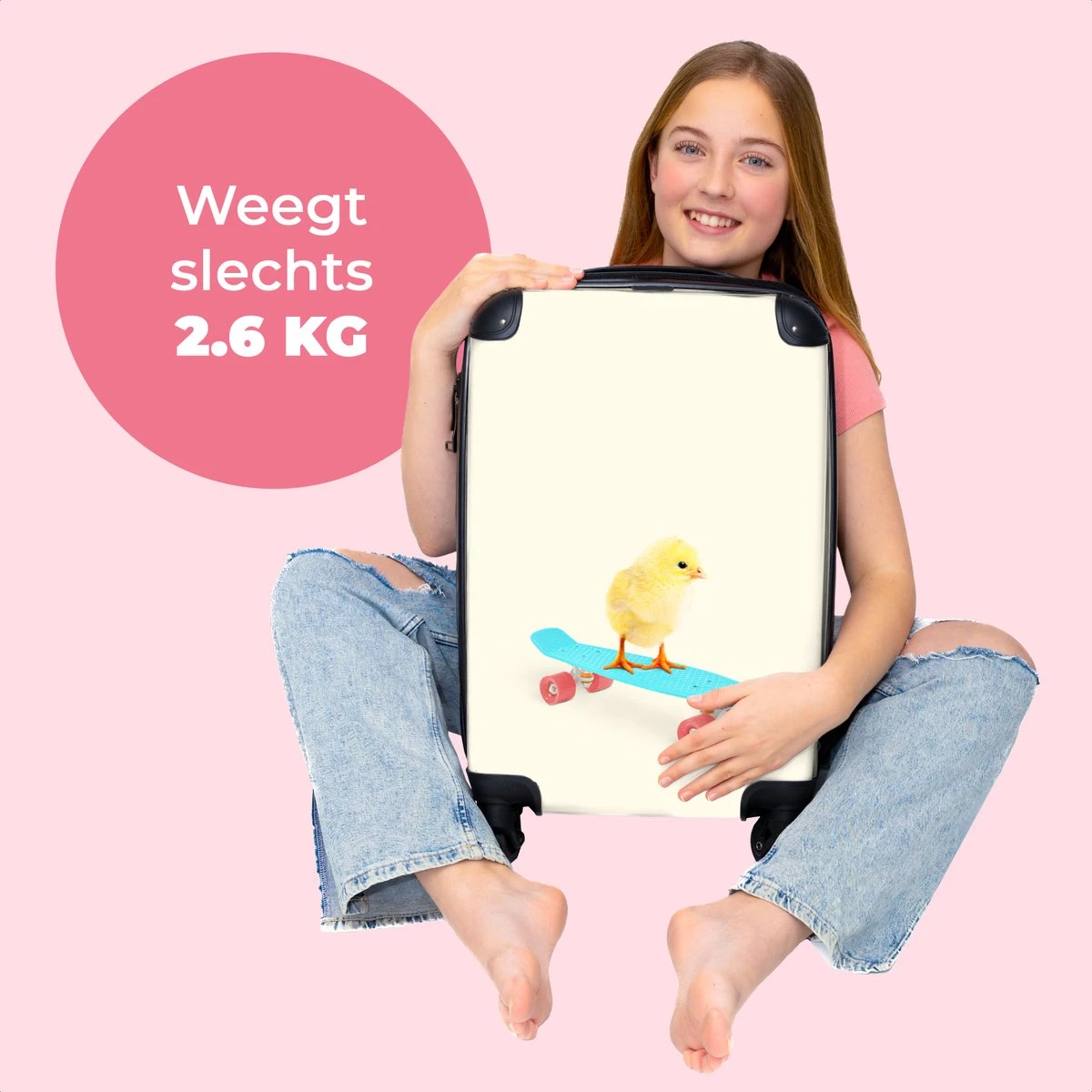 NoBoringSuitcases.com® Kinderkoffer - Trolley Op Wieltjes - Kuiken - Skateboard - Blauw - Kinderen - Dieren - Reiskoffer Kinderen - Past Binnen 55x40x20 Cm En 55x35x25 Cm - Fotokoffer - Afbeelding 2
