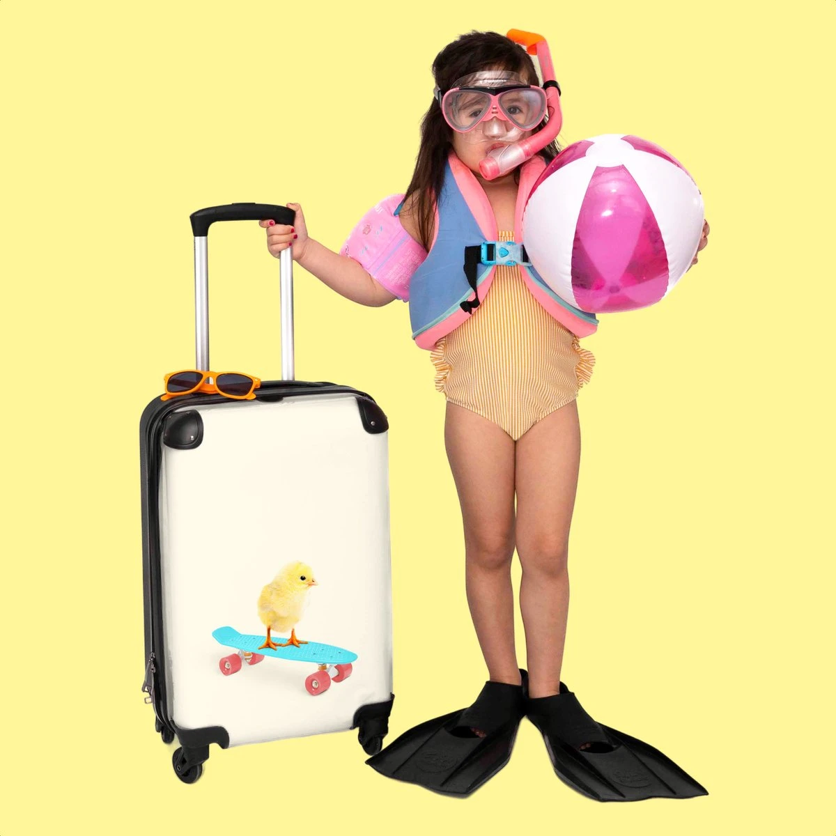 NoBoringSuitcases.com® Kinderkoffer - Trolley Op Wieltjes - Kuiken - Skateboard - Blauw - Kinderen - Dieren - Reiskoffer Kinderen - Past Binnen 55x40x20 Cm En 55x35x25 Cm - Fotokoffer - Afbeelding 6