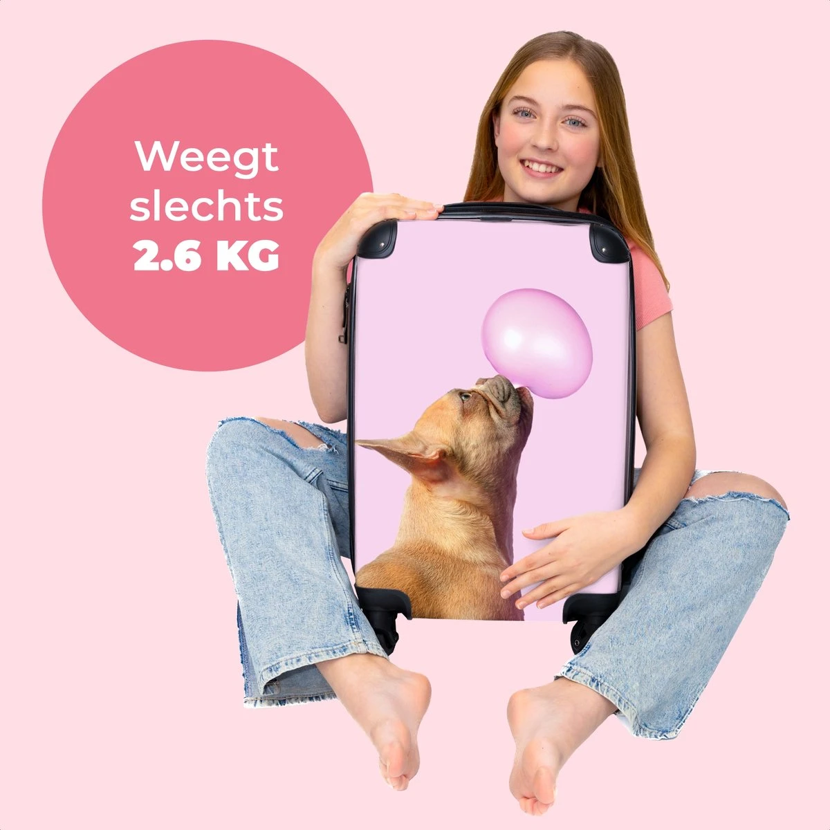 NoBoringSuitcases.com® Kinderkoffer - Hond - Dieren - Kauwgom - Roze - Kinderen - Trolley Kinderen - Past Binnen 55x40x20 Cm En 55x35x25 Cm - Reiskoffer Met Wielen - Koffertje - Afbeelding 2