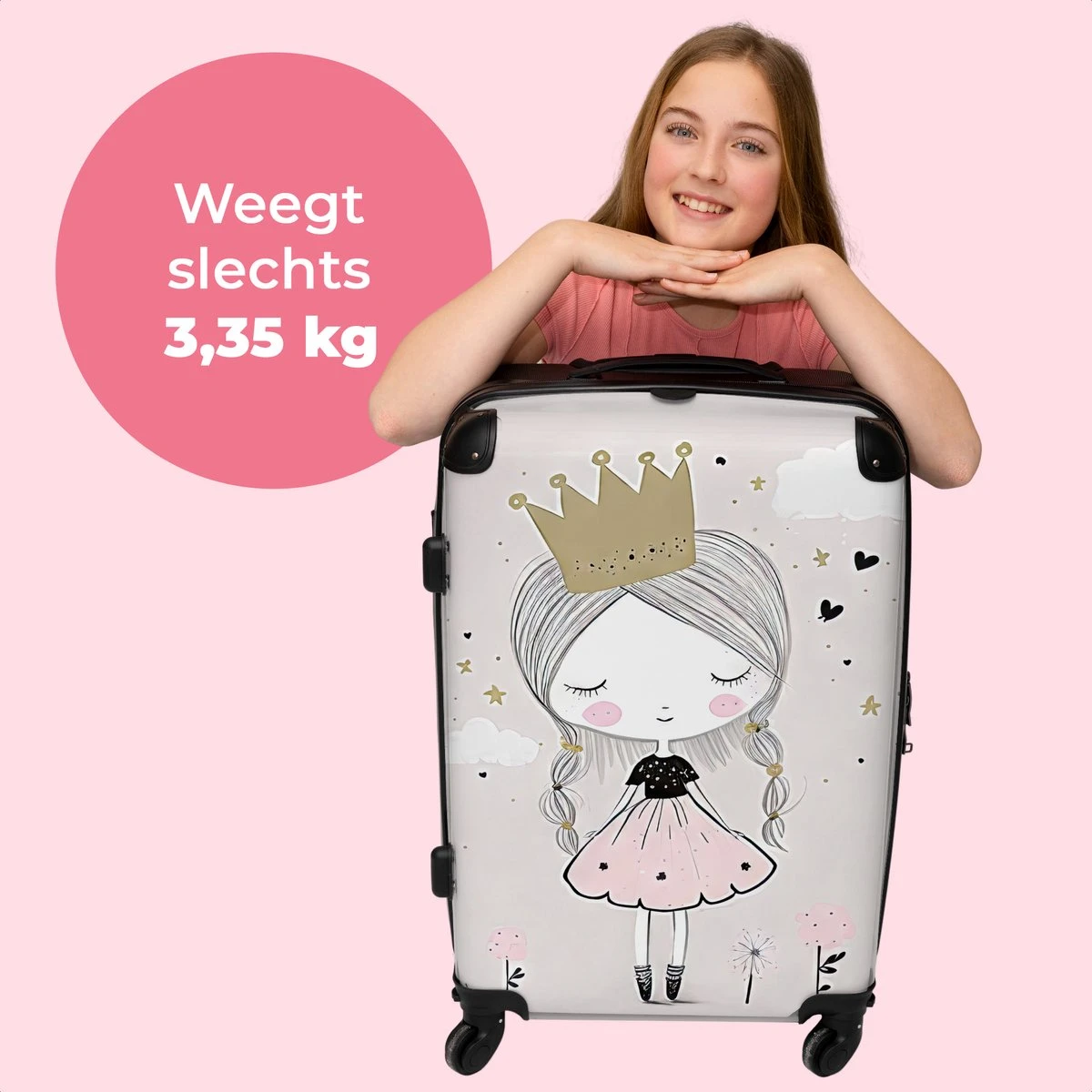 NoBoringSuitcases.com® Koffer Groot - Prinses - Bloemen - Kroon - Meisje - Sterren - Trolley Koffer Met TSA-slot - Met Wielen - 90 Liter - Reiskoffer - 66 Cm - Afbeelding 2