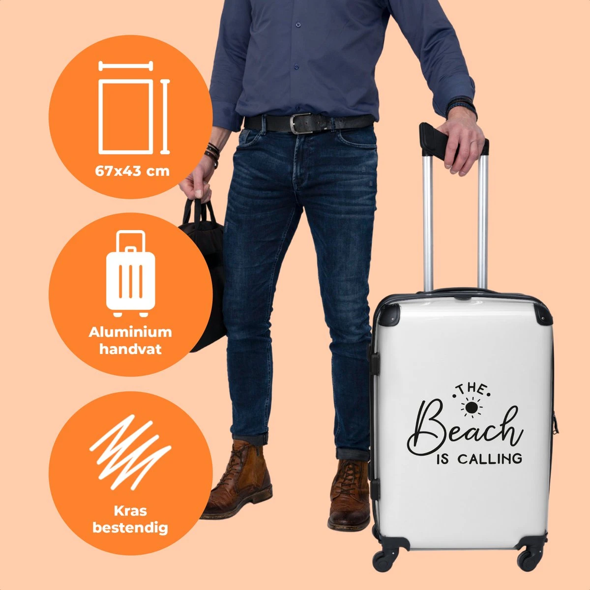 NoBoringSuitcases.com® Koffer Groot - Tekst - Strand - The Beach Is Calling - Zwart Wit - Vakantie - Trolley Koffer Met TSA-slot - Met Wielen - 90 Liter - Reiskoffer - 66 Cm - Afbeelding 3