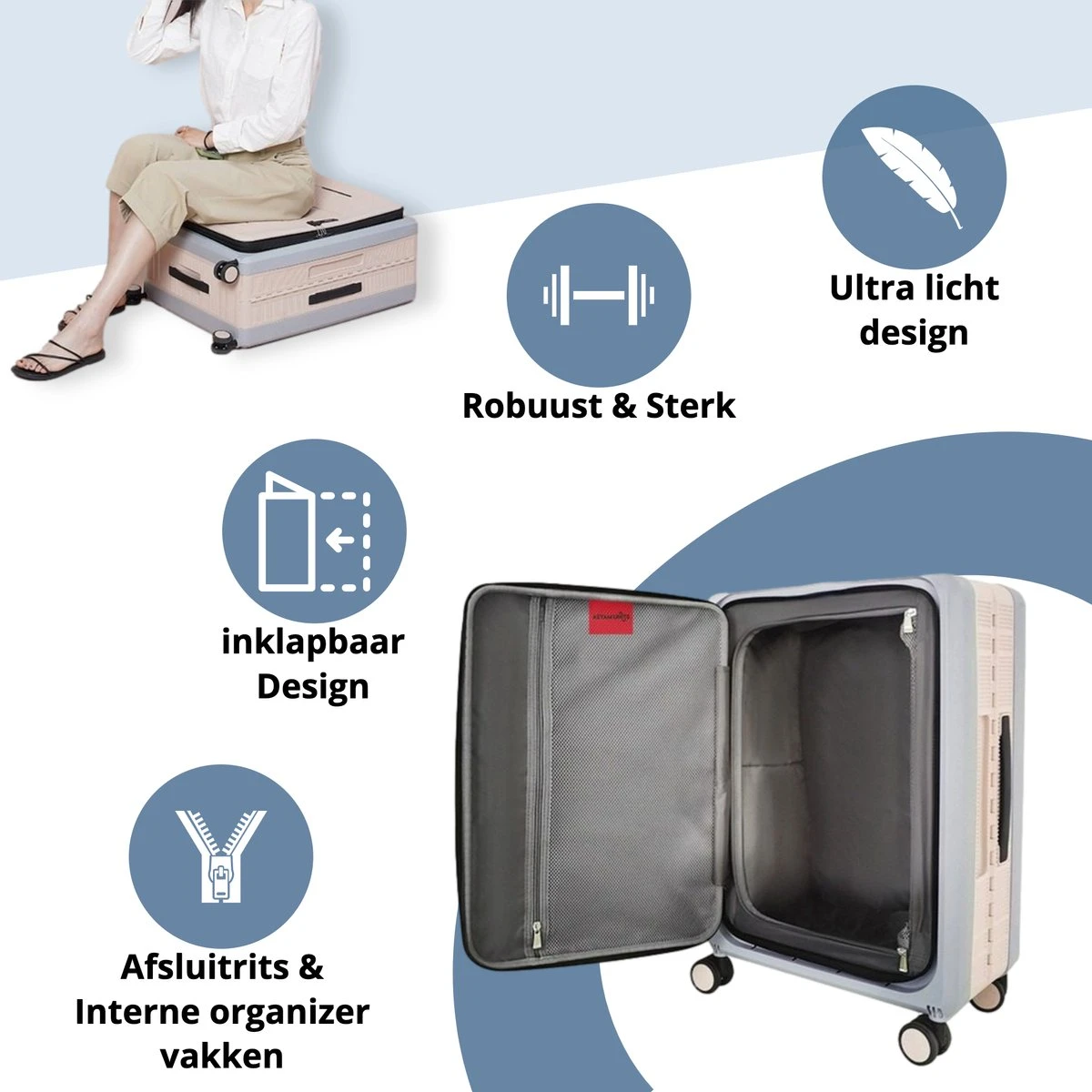 Asyam Units- Handbagage- Invouwbaar- Koffer- Koffer 38L- Spinner Wielen- TSA Slot- Lichtgewicht- Blauw - Afbeelding 2