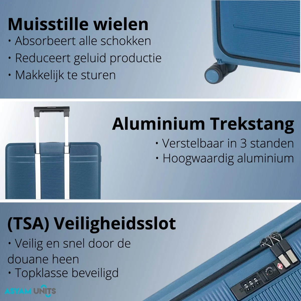 Asyam Units- Handbagage- Invouwbaar- Koffer- Koffer 38L- Spinner Wielen- TSA Slot- Lichtgewicht- Blauw - Afbeelding 3