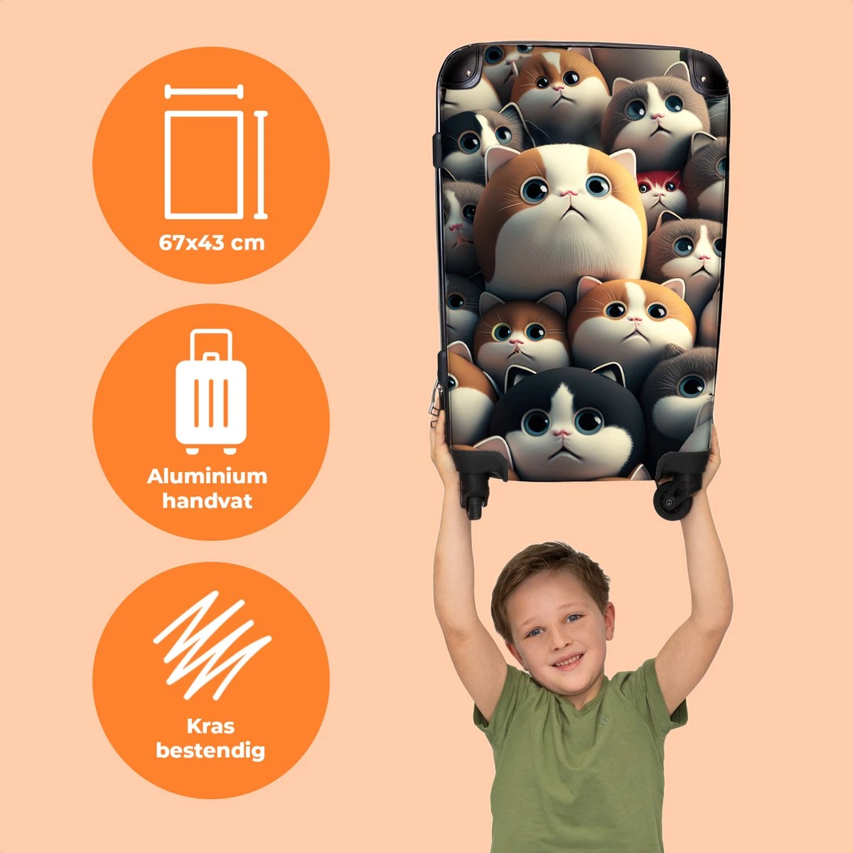 NoBoringSuitcases.com® Koffer Groot - Kat - Huisdieren - Poes - Bruin - Grijs - Trolley Koffer Met TSA-slot - Met Wielen - 90 Liter - Reiskoffer - 66 Cm - Afbeelding 3