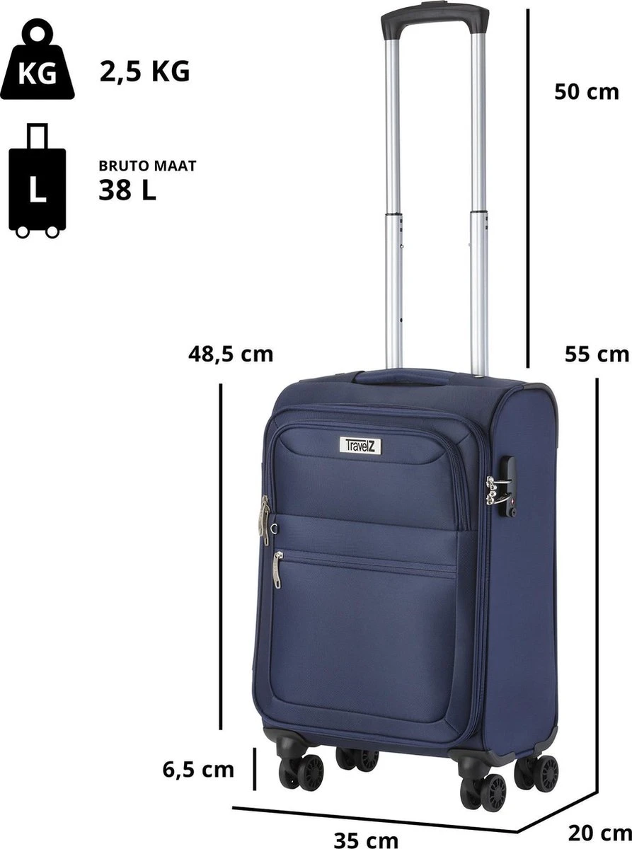 TravelZ Softspinner TSA Kofferset - 2-delig Handbagage + Grote Koffer 77cm - Dubbele Wielen - Blauw - Afbeelding 8