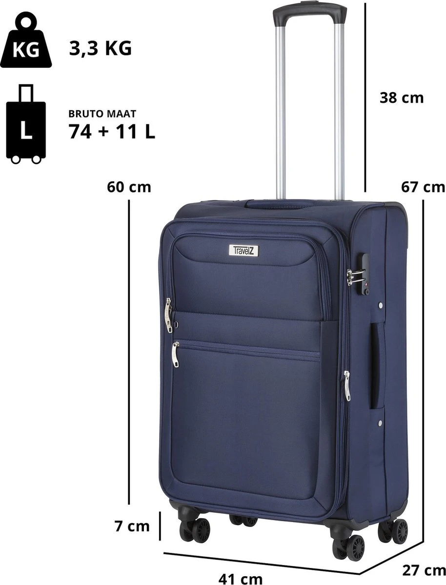 TravelZ Softspinner TSA Kofferset - 3-delige Zachte Trolleyset - Dubbele Wielen En Voorvakken Blauw - Afbeelding 8