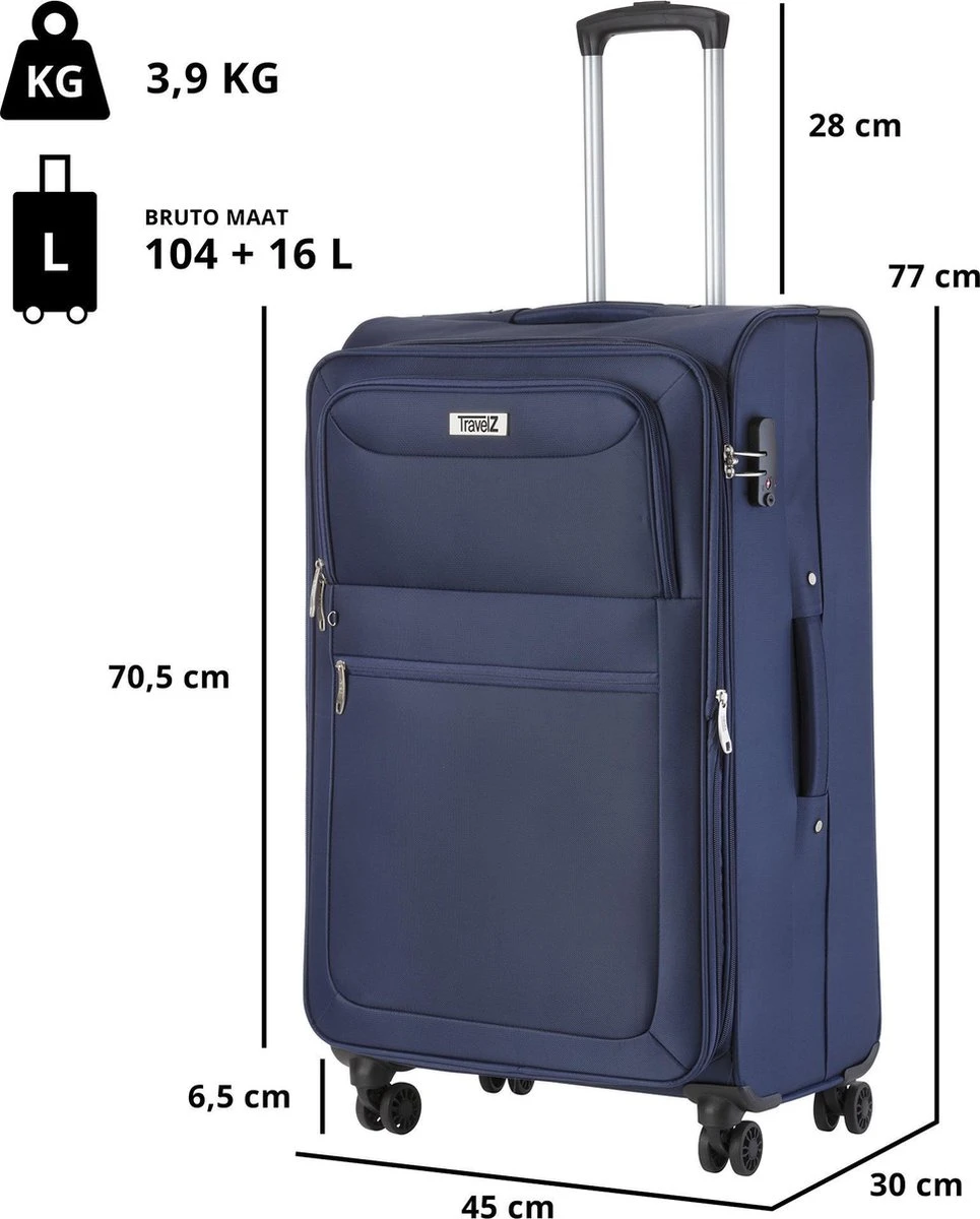 TravelZ Softspinner TSA Kofferset - 2-delig Handbagage + Grote Koffer 77cm - Dubbele Wielen - Blauw - Afbeelding 6