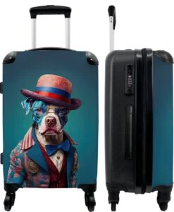 NoBoringSuitcases.com® Koffer Groot - Hond - Hoed - Colbert - Bloemen - Blauw - Trolley Koffer Met TSA-slot - Met Wielen - 90 Liter - Reiskoffer - 66 Cm
